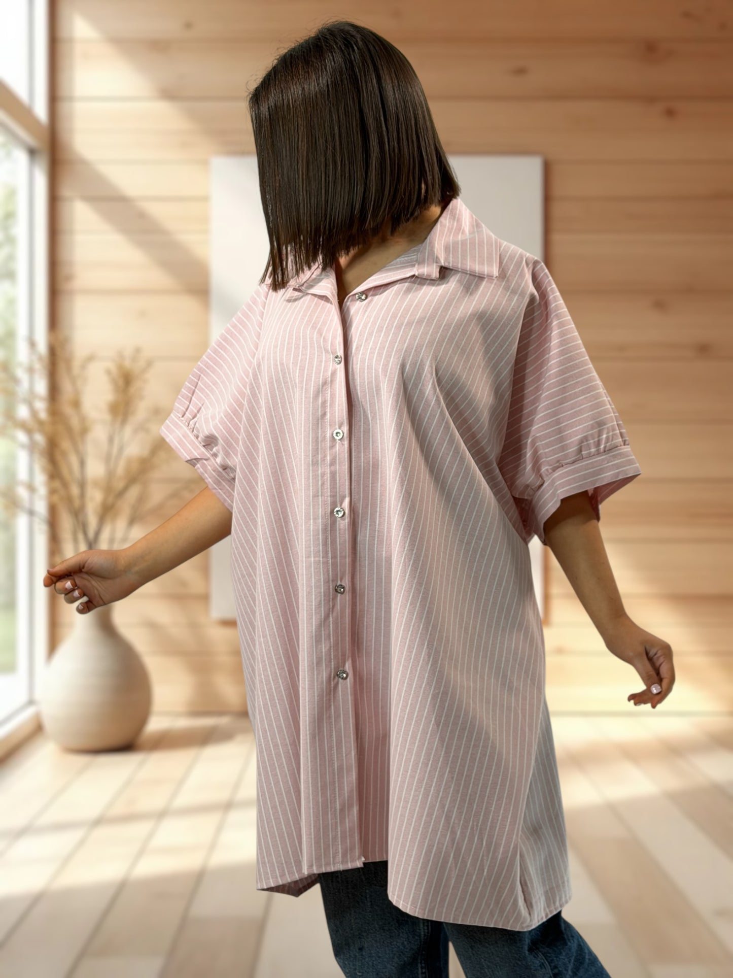 VIRGINIA  - TUNIQUE OVERSIZE ROSE A RAYURE JUSQU'A LA TAILLE 60
