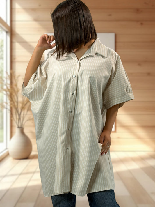 VIRGINIA  - TUNIQUE OVERSIZE BEIGE A RAYURE JUSQU'A LA TAILLE 60