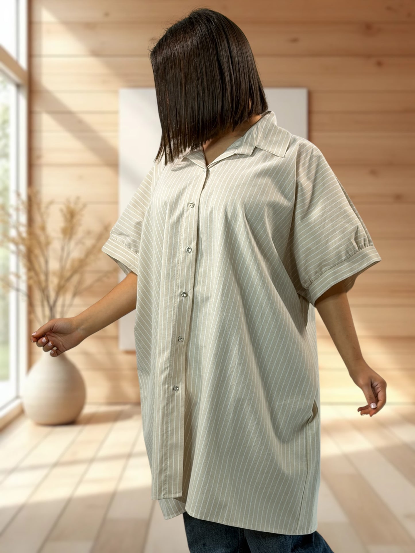 VIRGINIA  - TUNIQUE OVERSIZE BEIGE A RAYURE JUSQU'A LA TAILLE 60