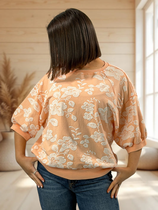 MADELINE - TOP ABRICOT A FLEUR JUSQU'A LA TAILLE 44