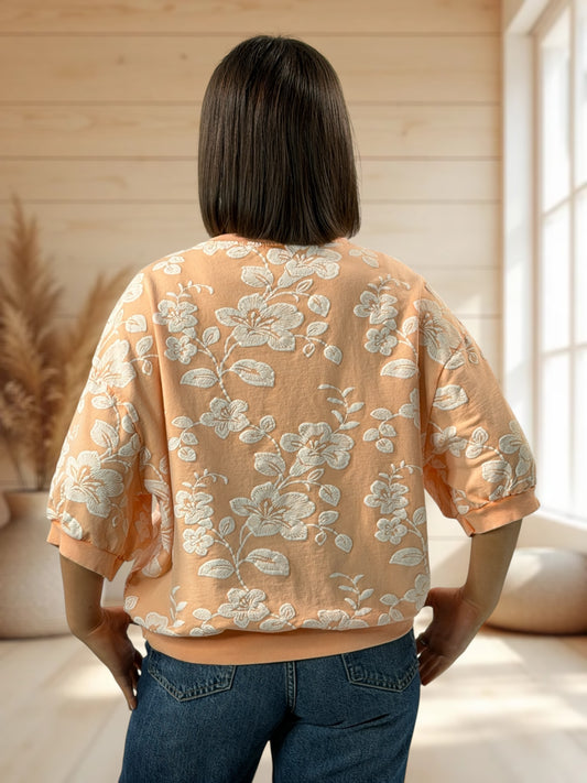 MADELINE - TOP ABRICOT A FLEUR JUSQU'A LA TAILLE 44