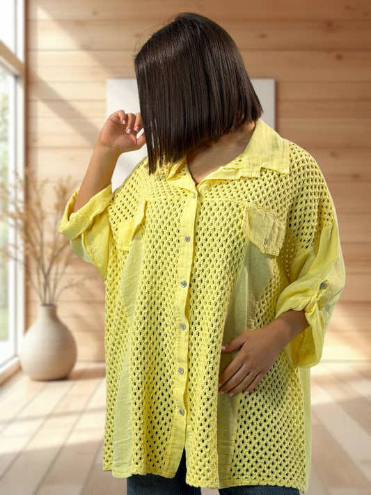 MARISOL - CHEMISE JAUNE LIN ET COTON JUSQU'A LA TAILLE 54