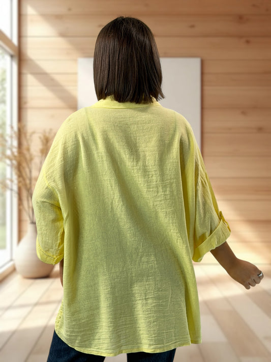 MARISOL - CHEMISE JAUNE LIN ET COTON JUSQU'A LA TAILLE 54