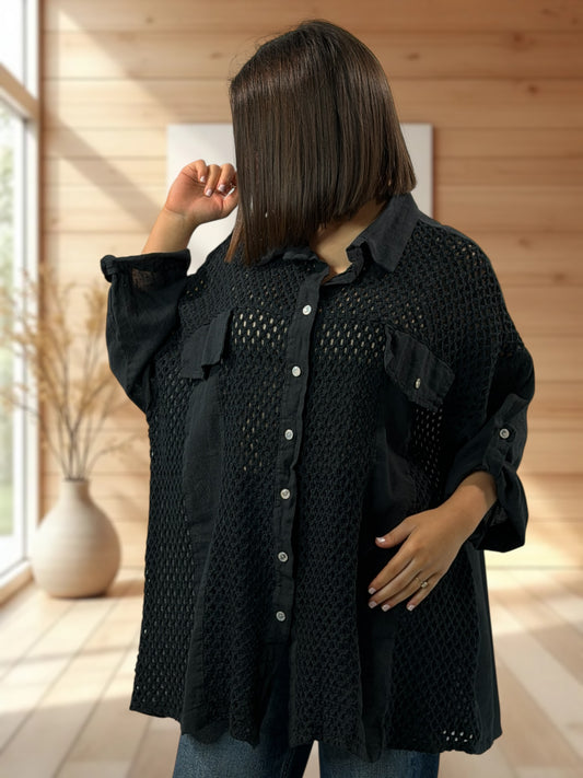 MARISOL - CHEMISE NOIRE LIN ET COTON JUSQU'A LA TAILLE 54