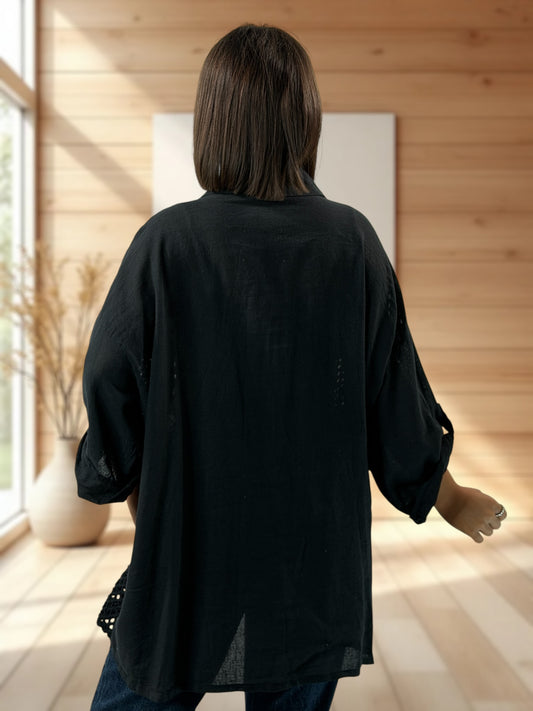 MARISOL - CHEMISE NOIRE LIN ET COTON JUSQU'A LA TAILLE 54