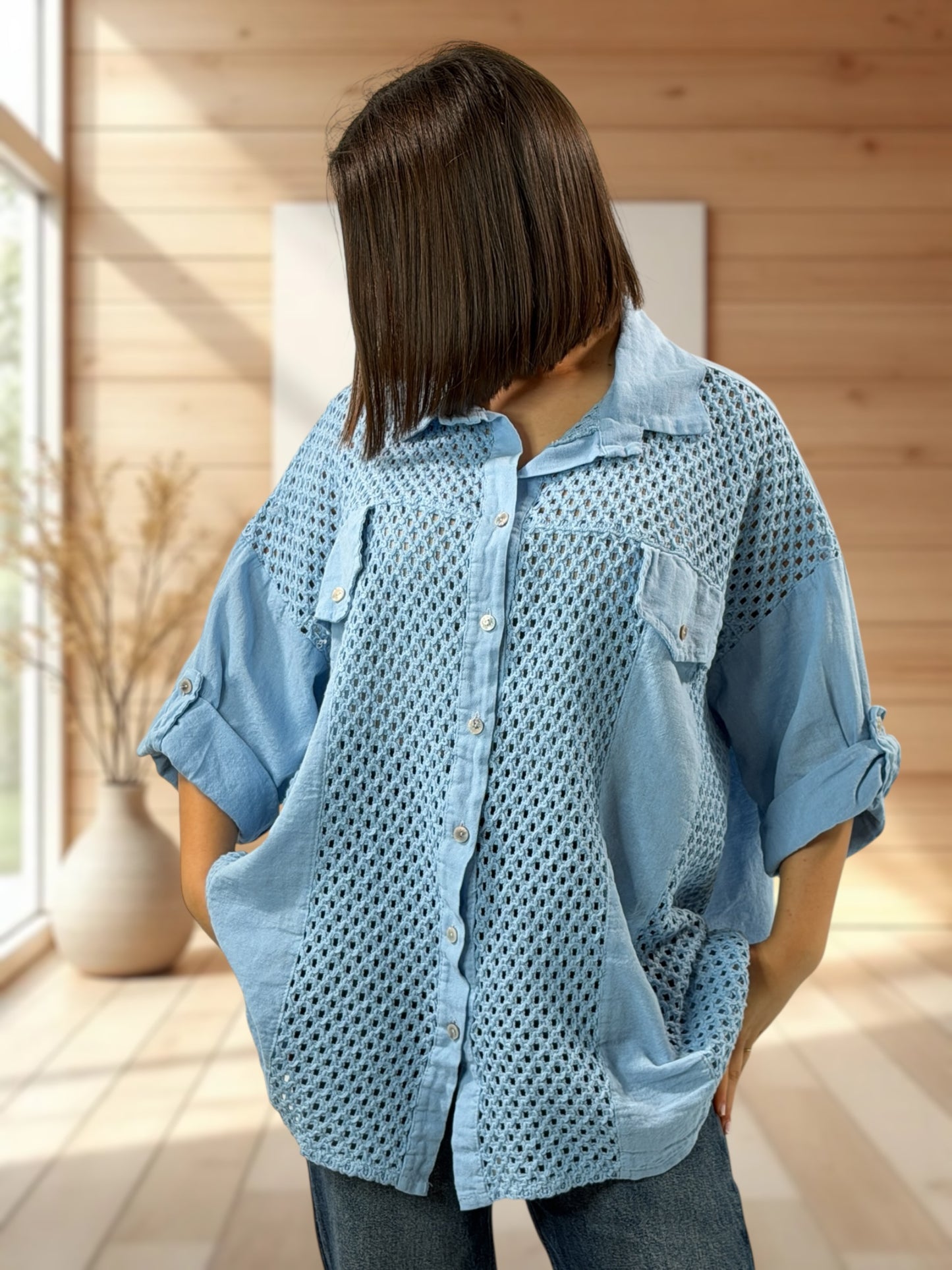 MARISOL - CHEMISE BLEUE LIN ET COTON JUSQU'A LA TAILLE 54