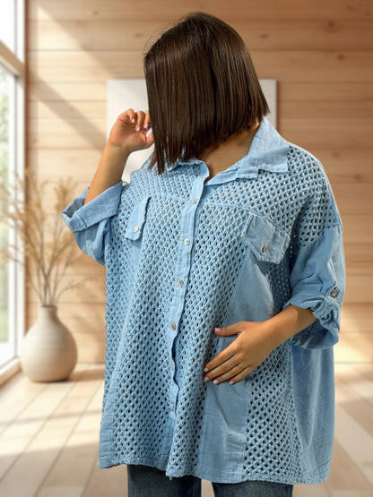 MARISOL - CHEMISE BLEUE LIN ET COTON JUSQU'A LA TAILLE 54