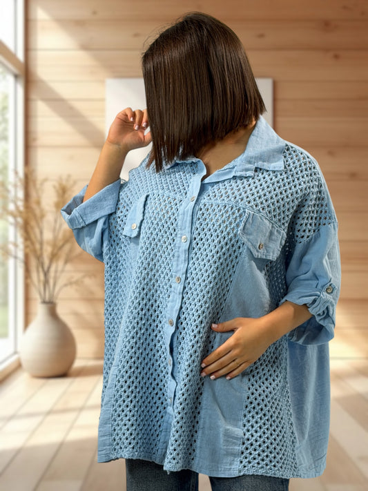 MARISOL - CHEMISE BLEUE LIN ET COTON JUSQU'A LA TAILLE 54