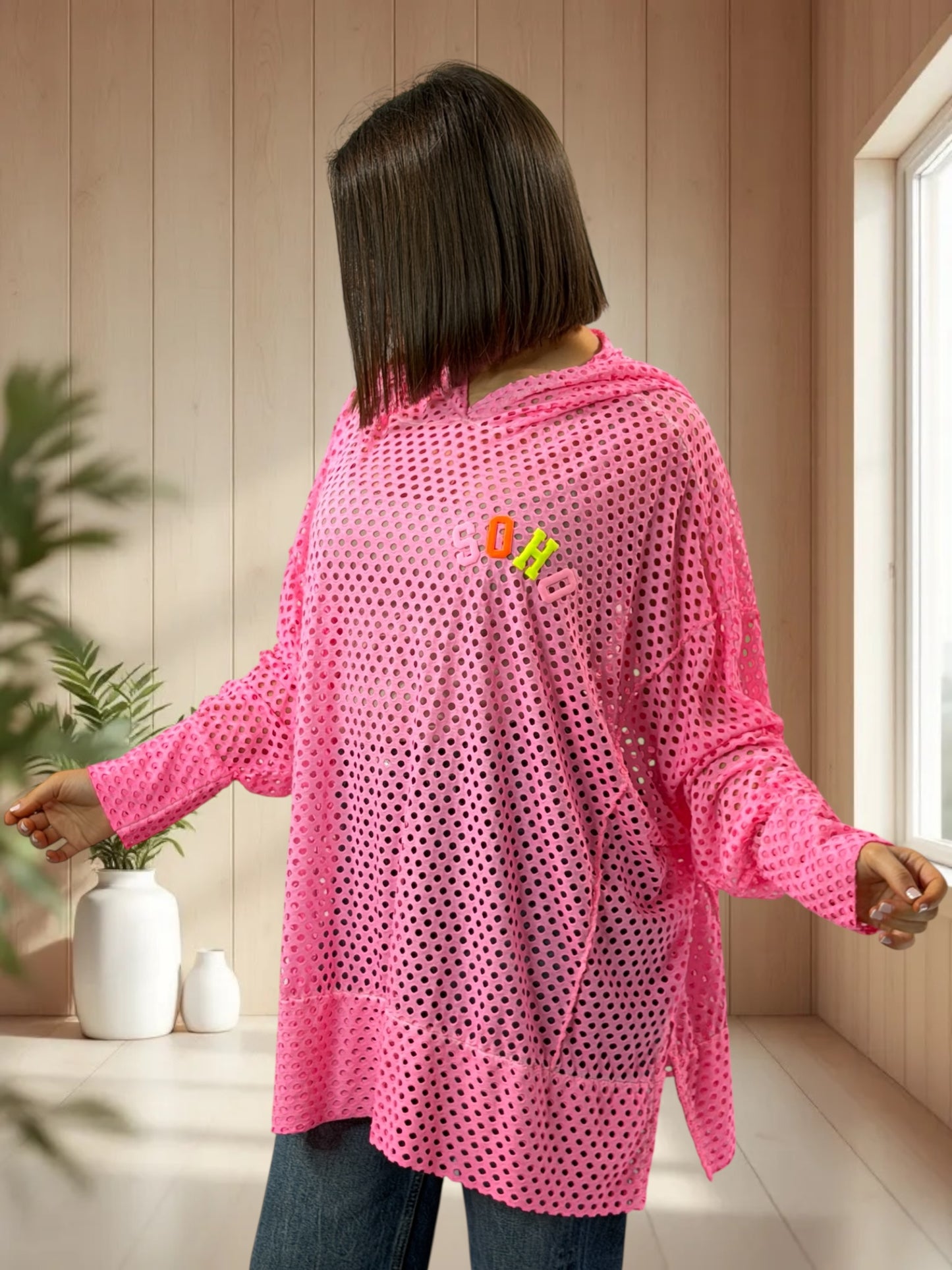 UMBERTO  - TUNIQUE OVERSIZE FUCHSIA EN RESILLE JUSQU'A LA TAILLE 60