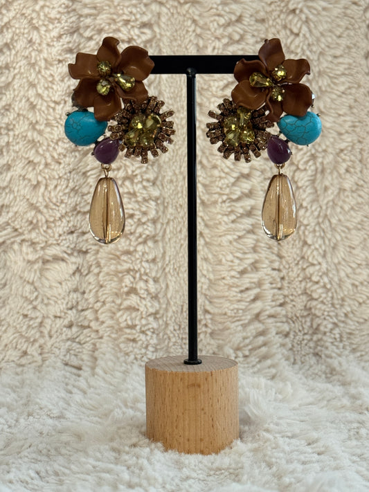 CHAMPAGNE - BOUCLES D'OREILLES FLEUR STRASS MARRON