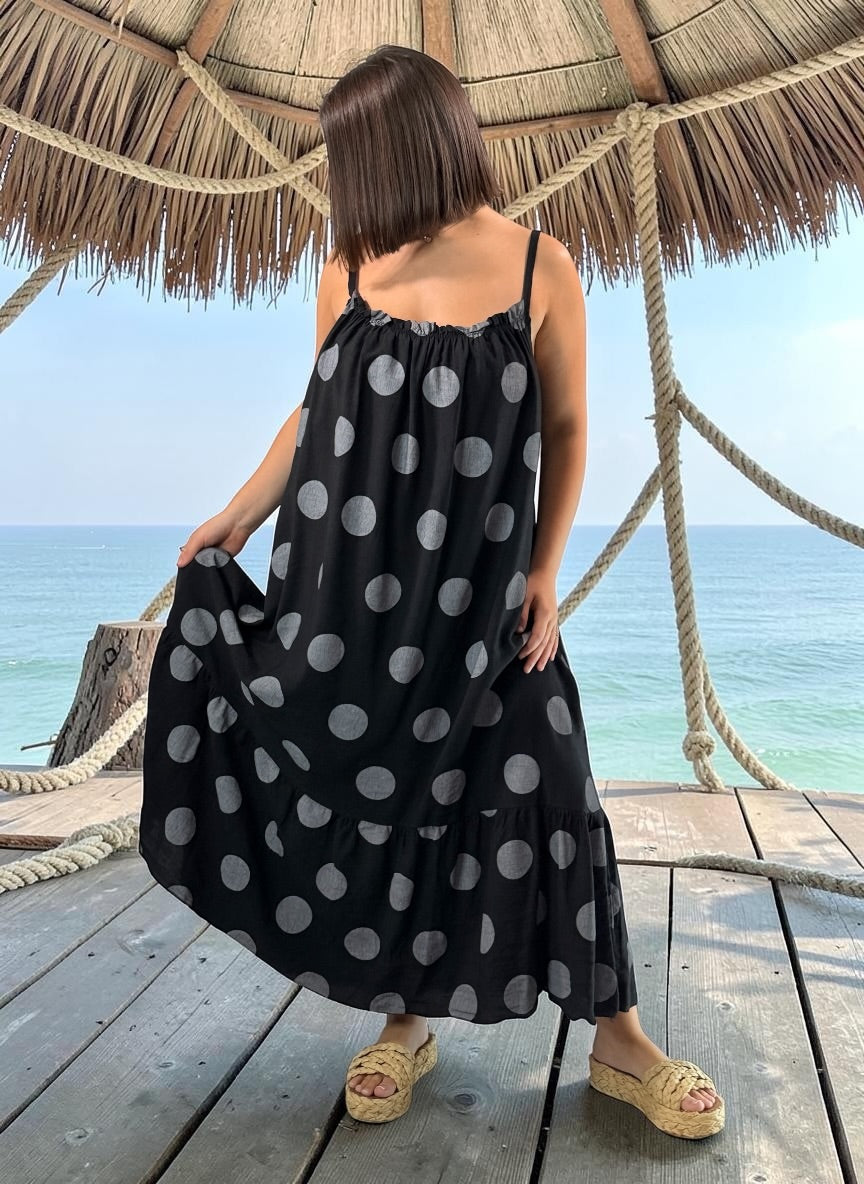 CLARENCE - ROBE LONGUE NOIRE A POIS JUSQU'A LA TAILLE 56