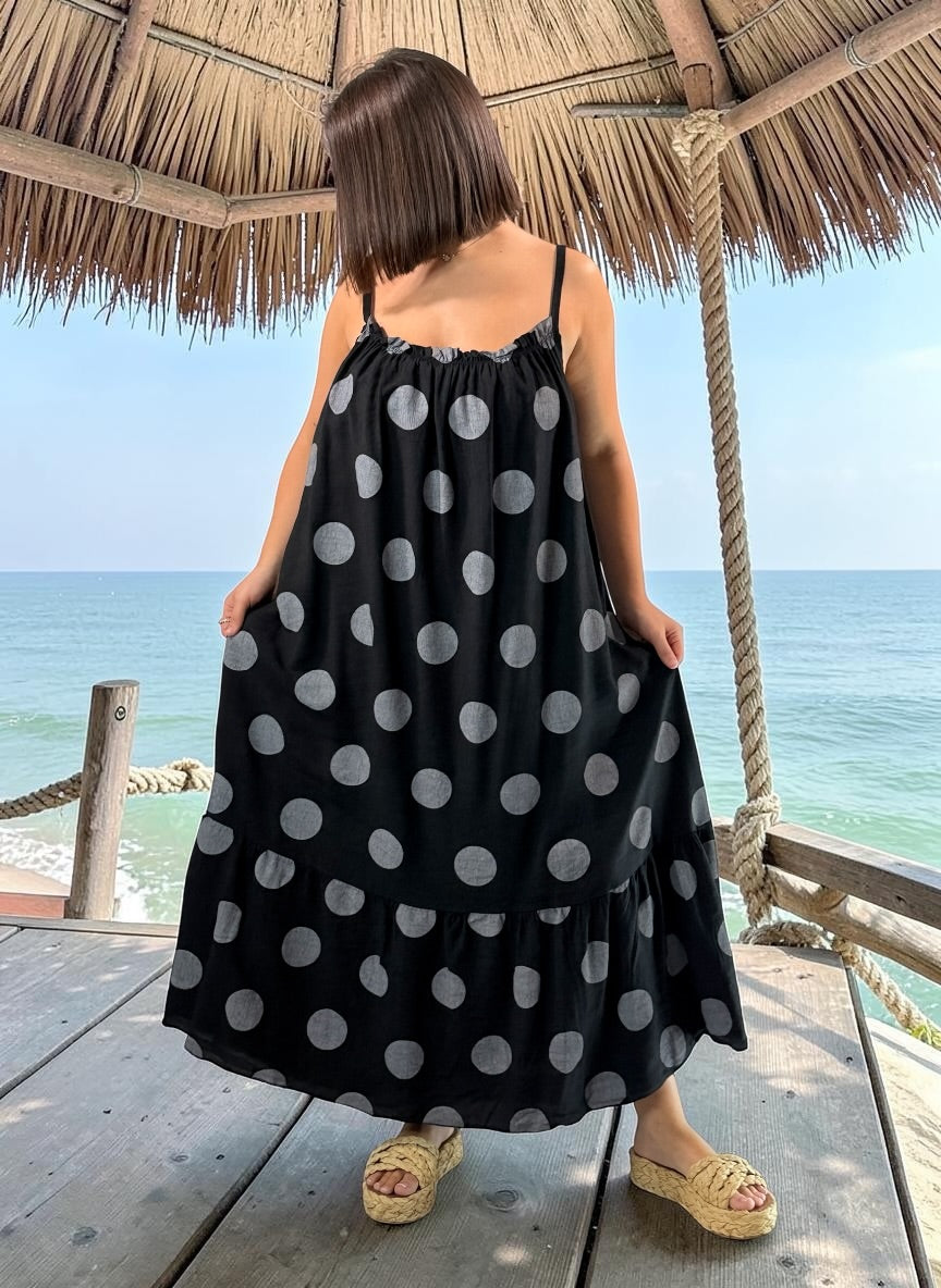 CLARENCE - ROBE LONGUE NOIRE A POIS JUSQU'A LA TAILLE 56