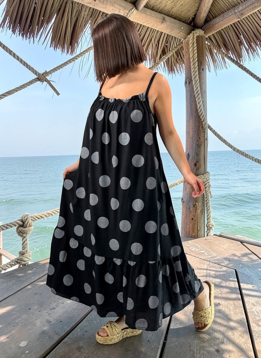 CLARENCE - ROBE LONGUE NOIRE A POIS JUSQU'A LA TAILLE 56