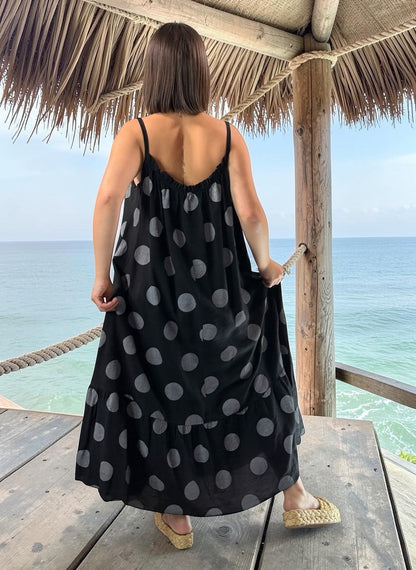 CLARENCE - ROBE LONGUE NOIRE A POIS JUSQU'A LA TAILLE 56