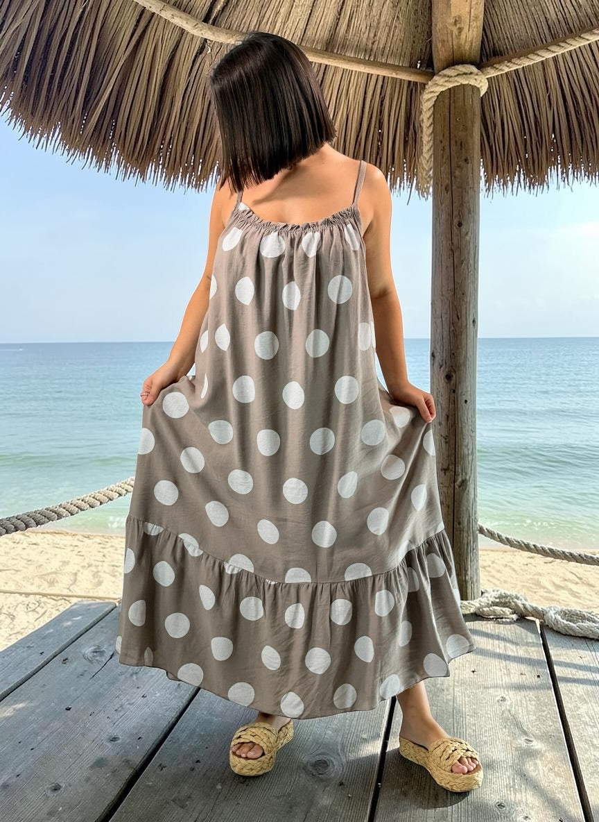 CLARENCE - ROBE LONGUE MOKA A POIS JUSQU'A LA TAILLE 56