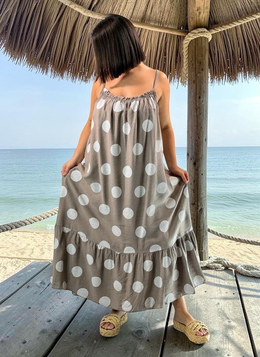 CLARENCE - ROBE LONGUE MOKA A POIS JUSQU'A LA TAILLE 56