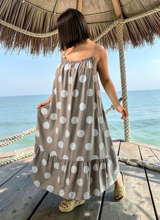 CLARENCE - ROBE LONGUE MOKA A POIS JUSQU'A LA TAILLE 56