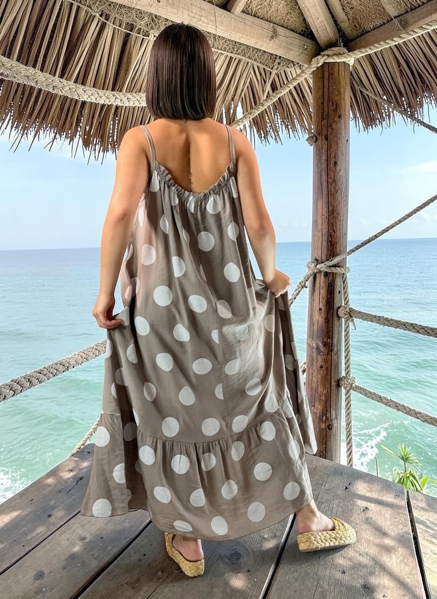 CLARENCE - ROBE LONGUE MOKA A POIS JUSQU'A LA TAILLE 56