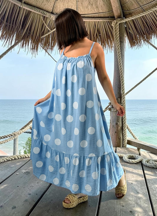 CLARENCE - ROBE LONGUE BLEU CIEL A POIS JUSQU'A LA TAILLE 56