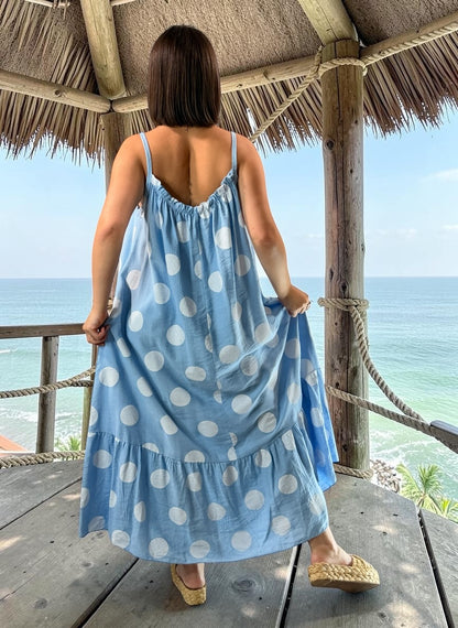 CLARENCE - ROBE LONGUE BLEU CIEL A POIS JUSQU'A LA TAILLE 56