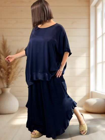LEXIE - ENSEMBLE TUNIQUE ET PANTALON MARINE JUSQU'A LA TAILLE 54