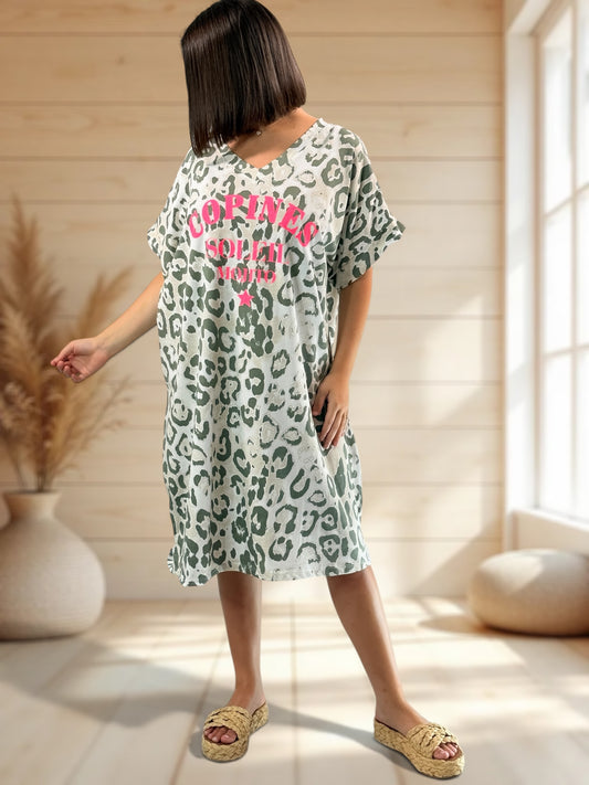 COPINE - ROBE LEOPARD KAKI JUSQU'A LA TAILLE 54