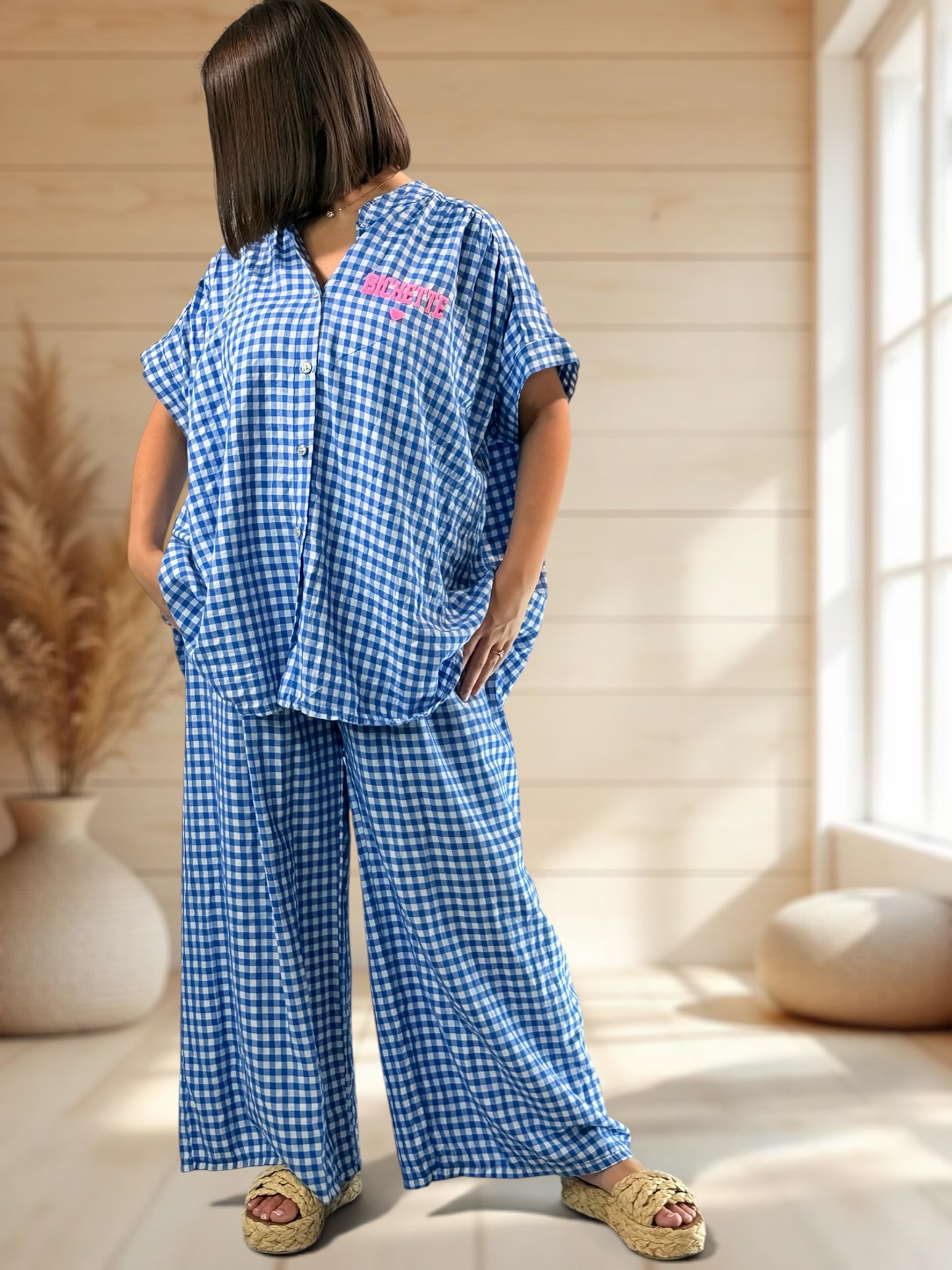 ORIANA - BLOUSE VICHY BLEU JUSQU'A LA TAILLE 56
