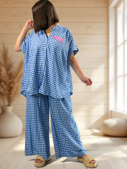 ORIANA - BLOUSE VICHY BLEU JUSQU'A LA TAILLE 56