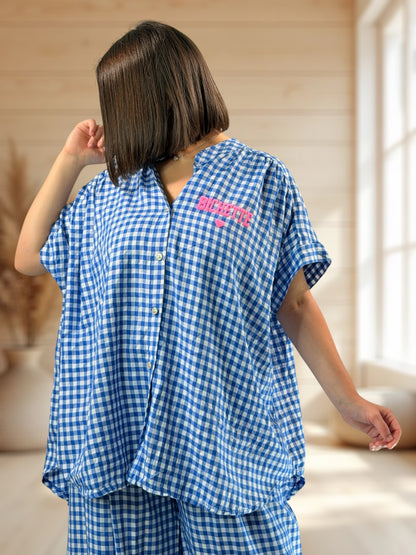 ORIANA - BLOUSE VICHY BLEU JUSQU'A LA TAILLE 56