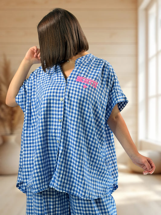 ORIANA - BLOUSE VICHY BLEU JUSQU'A LA TAILLE 56