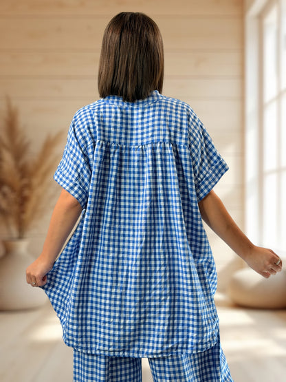 ORIANA - BLOUSE VICHY BLEU JUSQU'A LA TAILLE 56