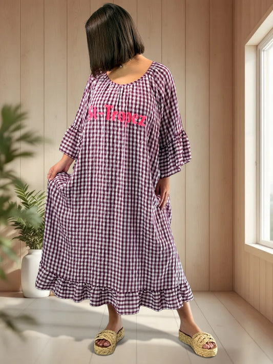 CROISETTE - ROBE VICHY CYCLAMEN JUSQU'A LA TAILLE 54