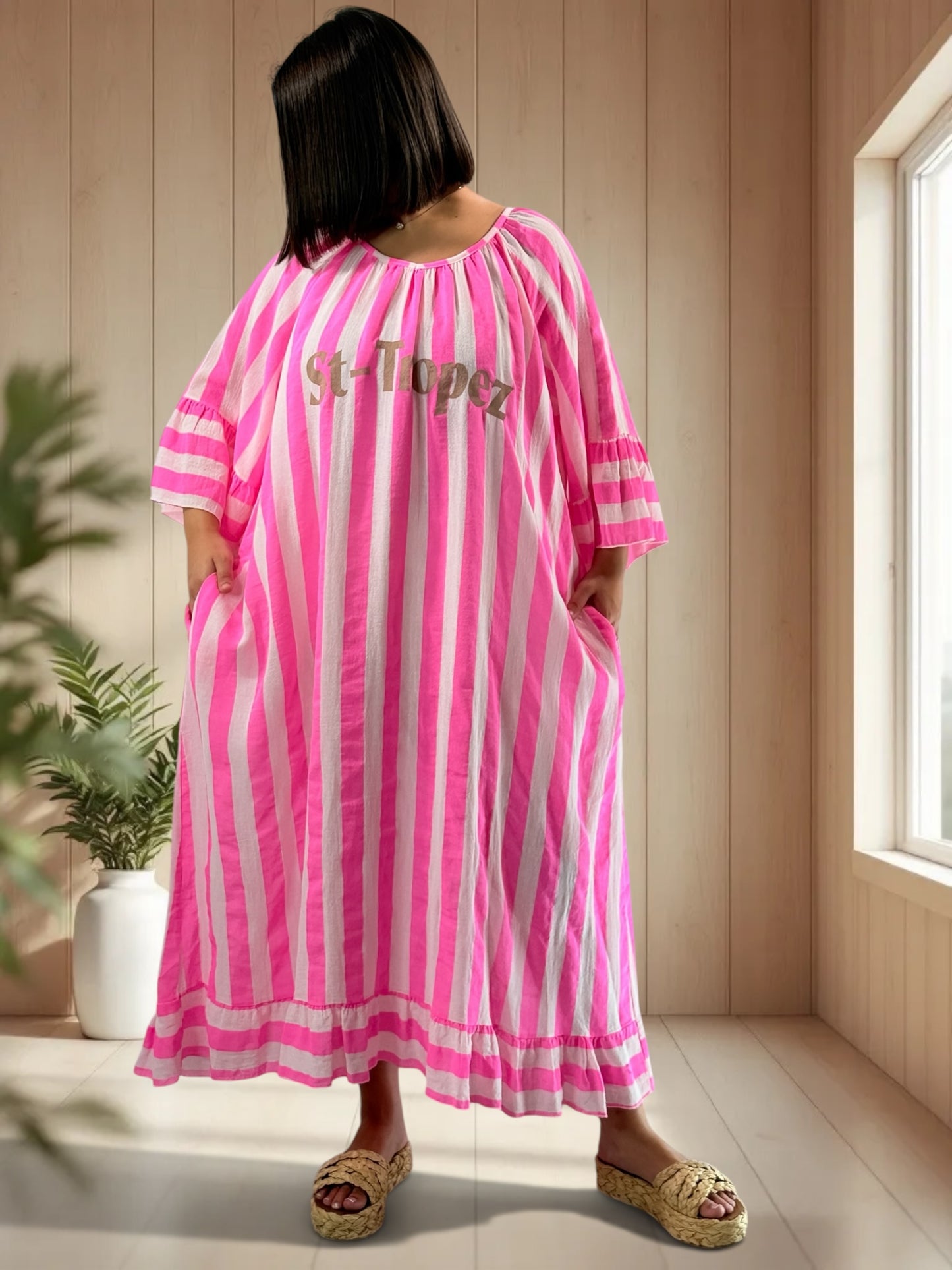 PAMPELONNE - ROBE A RAYURE FUCHSIA JUSQU'A LA TAILLE 56