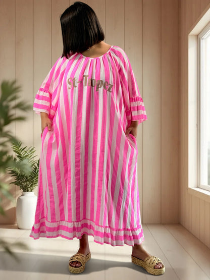 PAMPELONNE - ROBE A RAYURE FUCHSIA JUSQU'A LA TAILLE 56