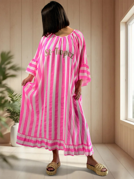 PAMPELONNE - ROBE A RAYURE FUCHSIA JUSQU'A LA TAILLE 56