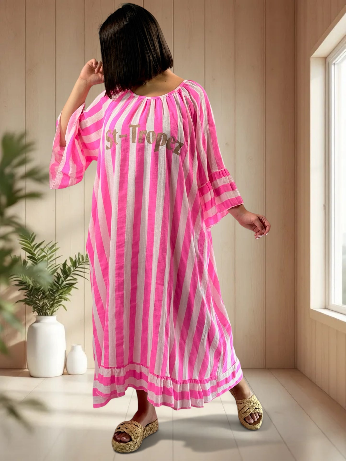 PAMPELONNE - ROBE A RAYURE FUCHSIA JUSQU'A LA TAILLE 56