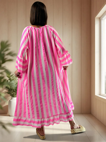 PAMPELONNE - ROBE A RAYURE FUCHSIA JUSQU'A LA TAILLE 56