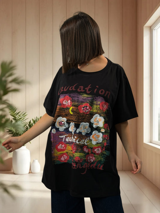 MADOX - T-SHIRT OVERSIZE NOIR A MOTIF TAILLE JUSQU'A LA TAILLE 46/48 A 56