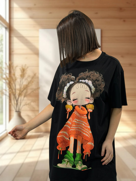 CECILIA - T-SHIRT NOIR A MOTIF TAILLE JUSQU'A LA TAILLE 48/50