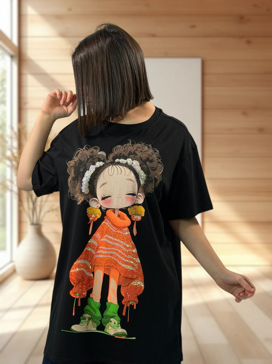 CECILIA - T-SHIRT NOIR A MOTIF TAILLE JUSQU'A LA TAILLE 48/50