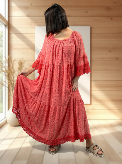 CANNES - ROBE LONGUE CORAIL EN DENTELLE JUSQU'A LA TAILLE 54/56