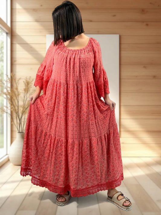 CANNES - ROBE LONGUE CORAIL EN DENTELLE JUSQU'A LA TAILLE 54/56