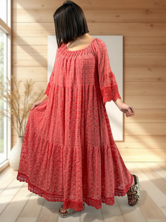 CANNES - ROBE LONGUE CORAIL EN DENTELLE JUSQU'A LA TAILLE 54/56