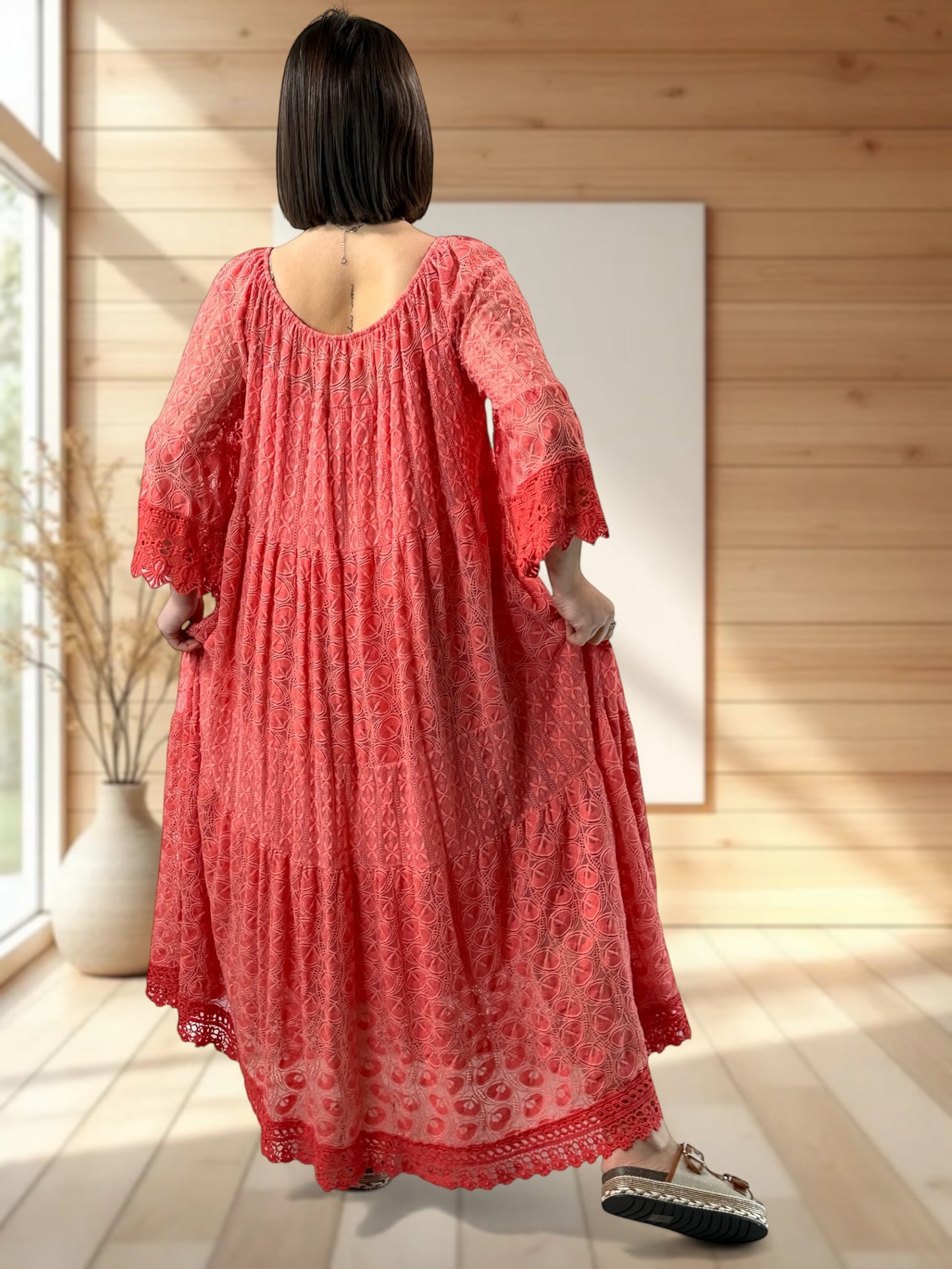 CANNES - ROBE LONGUE CORAIL EN DENTELLE JUSQU'A LA TAILLE 54/56