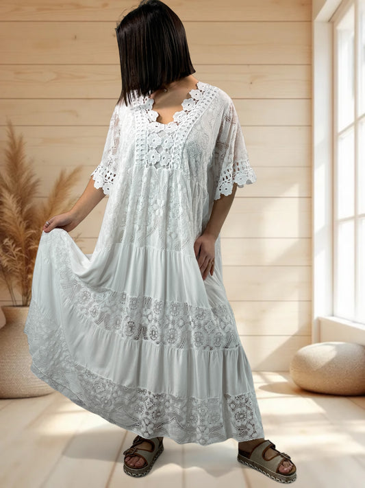 CHAMPAGNE - ROBE LONGUE BLANCHE EN DENTELLE JUSQU'A LA TAILLE 54