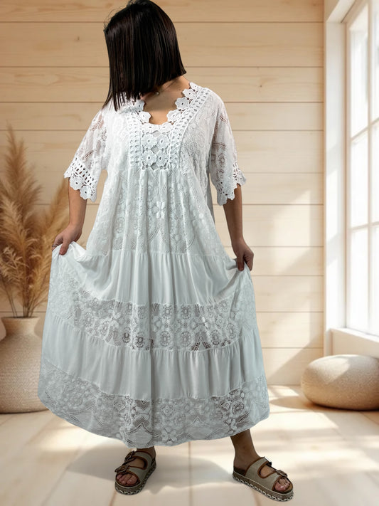 CHAMPAGNE - ROBE LONGUE BLANCHE EN DENTELLE JUSQU'A LA TAILLE 54