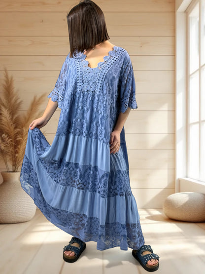 CHAMPAGNE - ROBE LONGUE BLEUE EN DENTELLE JUSQU'A LA TAILLE 54
