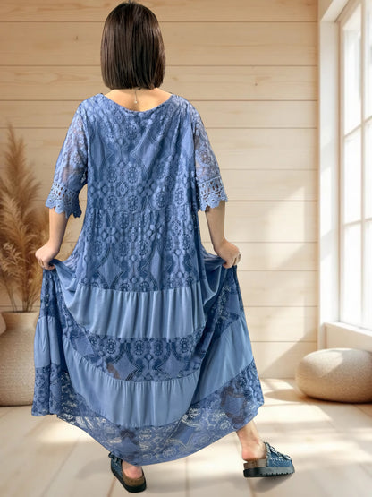 CHAMPAGNE - ROBE LONGUE BLEUE EN DENTELLE JUSQU'A LA TAILLE 54