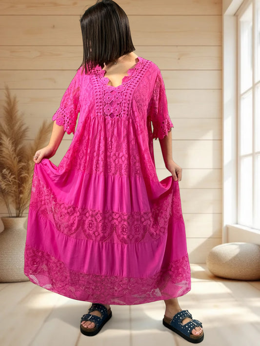 CHAMPAGNE - ROBE LONGUE FUCHSIA EN DENTELLE JUSQU'A LA TAILLE 54
