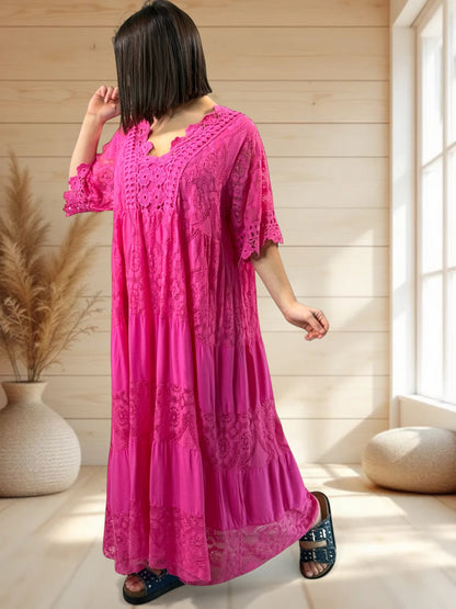 CHAMPAGNE - ROBE LONGUE FUCHSIA EN DENTELLE JUSQU'A LA TAILLE 54